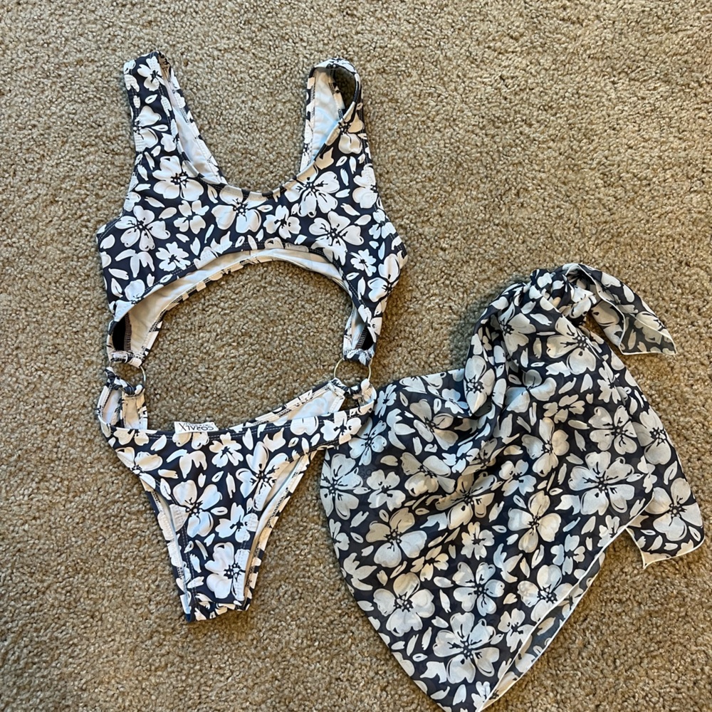 Floral Black and White One Piece and Sarong
